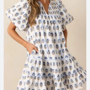 Entro Blue and White Ruffled Puff Sleeve Sundress